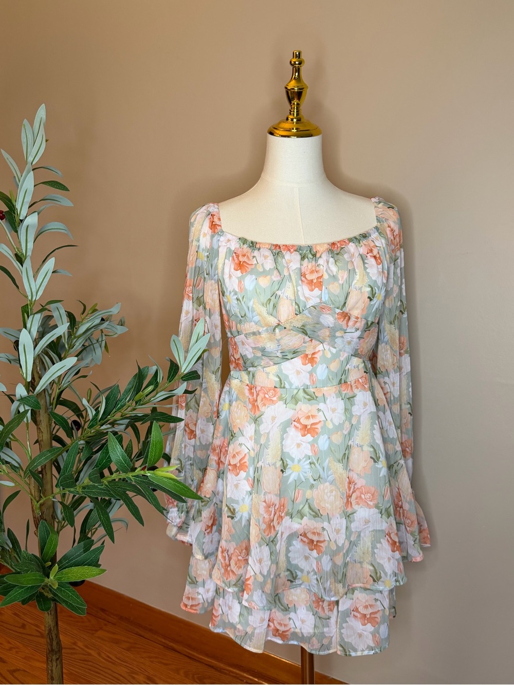 473. Floral Tie-Back Romper in Pastel Peach & Sage - Picture 2 of 3